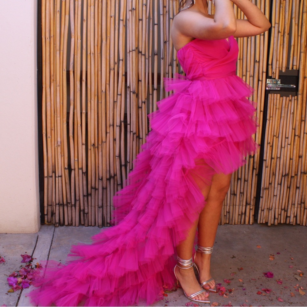 Strapless High-Low Ruffle Tulle Dress - Hot Pink